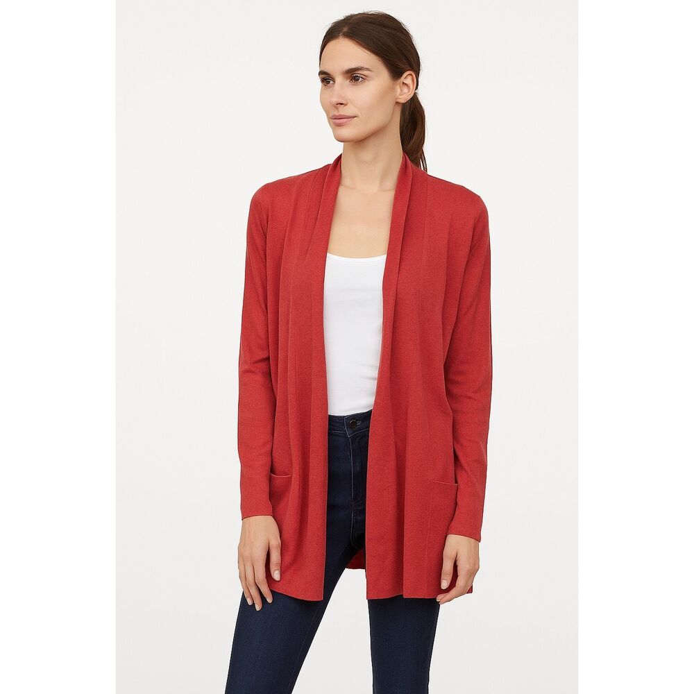 Eileen Fisher Womens Rust Red Long Tencel Cotton Cardigan Sweater Medium